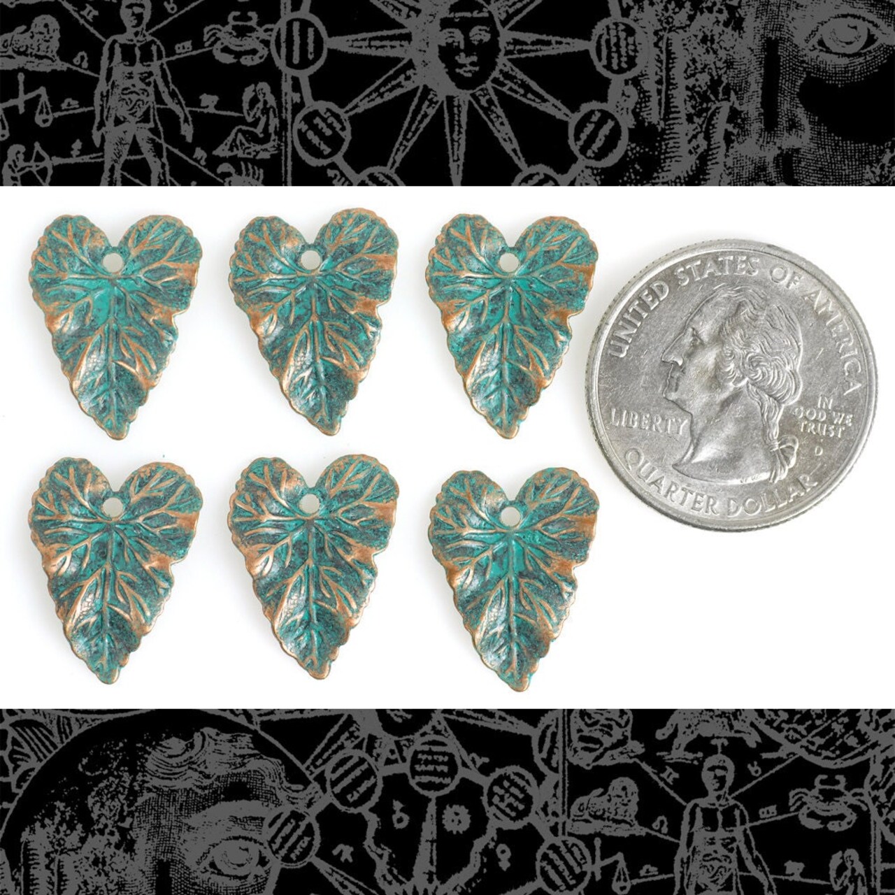 Verdigris Finished Brass Heart Shaped Leaf Charms - Set of Six - V-C49